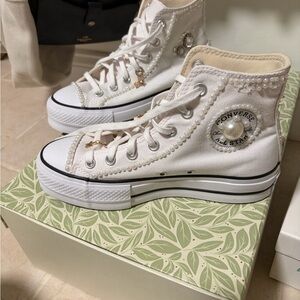 Bridal Bachelorette Bride to Be Converse Hand Embellished White High-Tops